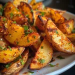 Juicy air fryer potato wedges seasoned with spices on a plate.