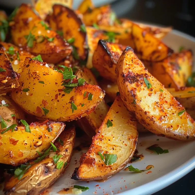 Juicy air fryer potato wedges seasoned with spices on a plate.