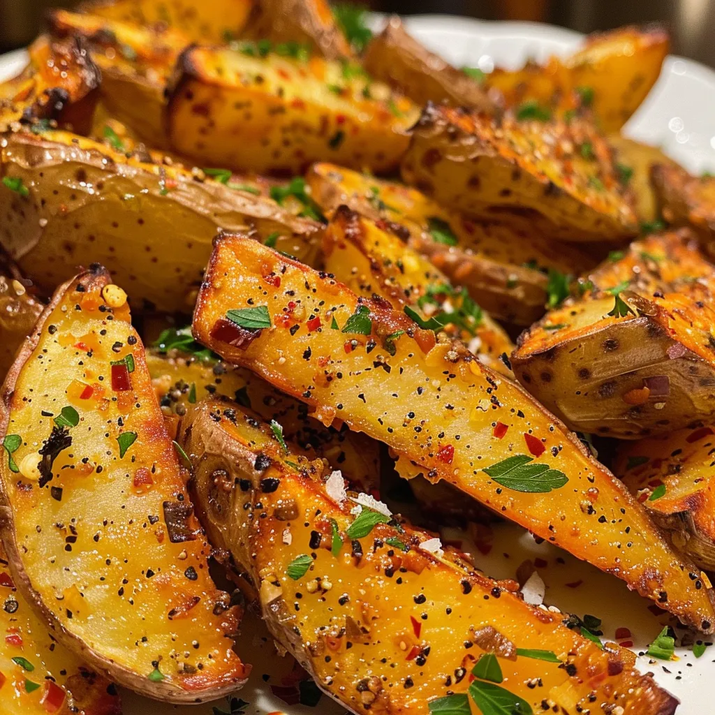 Close-up of crispy golden potato wedges topped with herbs and spices.