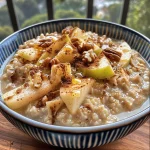 A close-up side view of a creamy bowl of apple cinnamon oatmeal topped with diced honey crisp apples and a sprinkle of cinnamon.