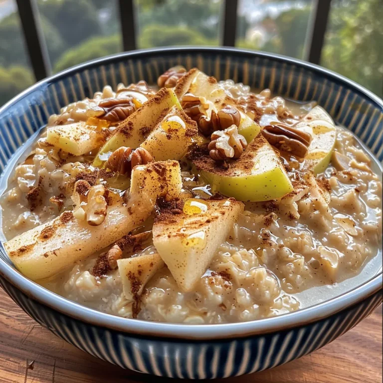 Close-up view of a bowl of apple cinnamon oatmeal topped with pecans.