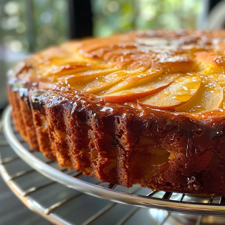 Close-up side view of a freshly baked Apple Yogurt Cake with visible apple pieces.