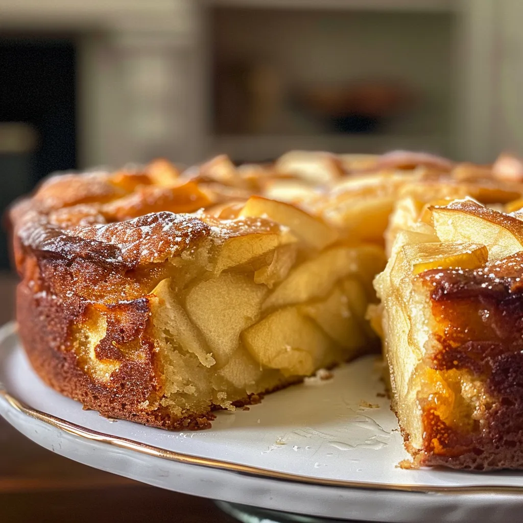 Juicy Apple Yogurt Cake showcased from the side, with a golden-brown crust and grated apples.