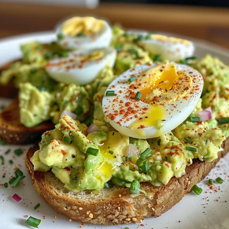 Close-up view of avocado egg salad toast topped with paprika and fresh herbs.