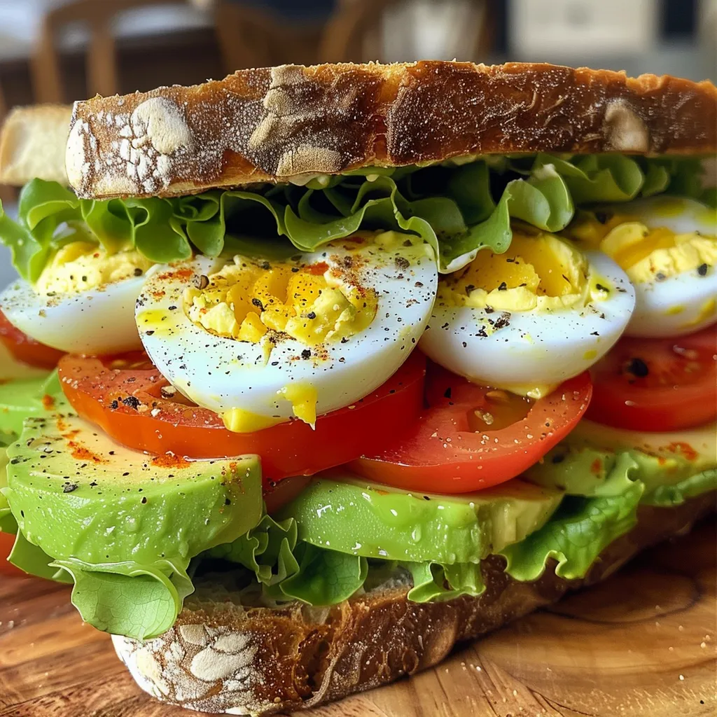 A close-up of a fresh avocado egg sandwich with lettuce, tomatoes, and mayo, sandwiched between slices of bread.