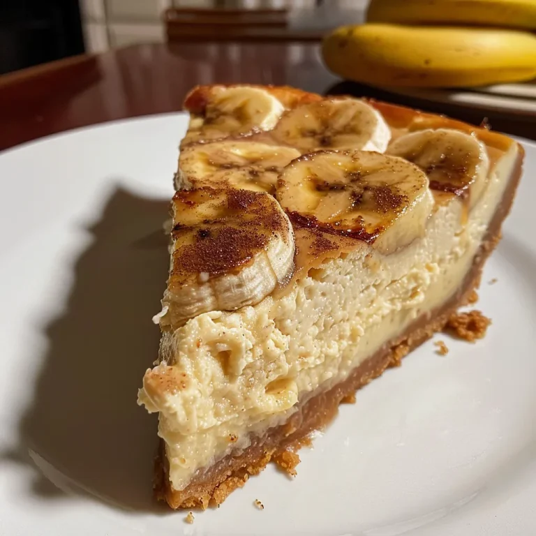 A slice of Baked Almond Banana Cheesecake with a creamy texture and almond crust.