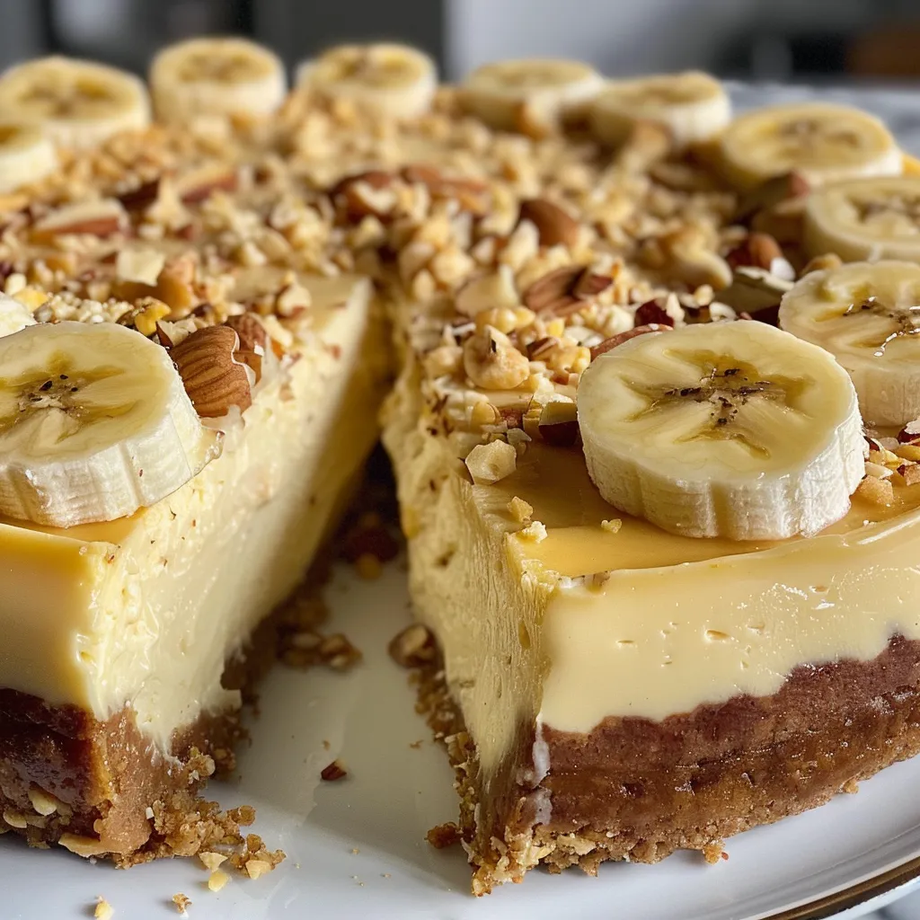 Close-up view of Baked Almond Banana Cheesecake, highlighting its golden crust and banana topping.