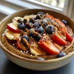 Close-up side view of a baked protein pancake bowl topped with fresh fruit and syrup.