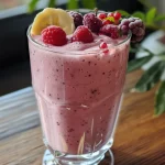 Close-up view of a banana and berry smoothie in a clear glass, showcasing vibrant colors.