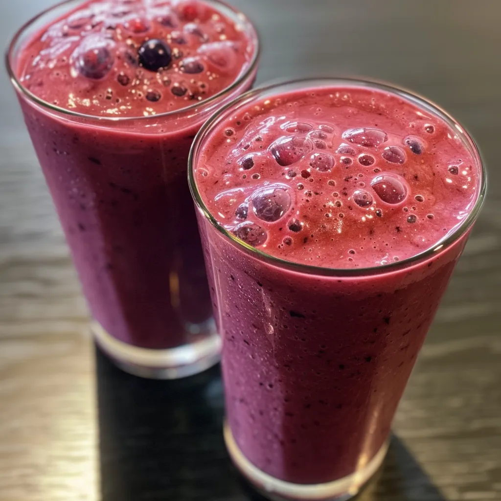 Side view of a refreshing banana berry smoothie with visible fruit pieces and a creamy texture.