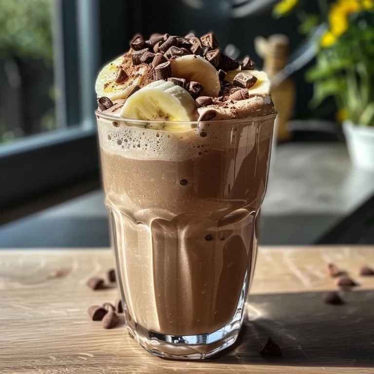 A close-up side view of a creamy banana cocoa shake in a glass, featuring a straw.