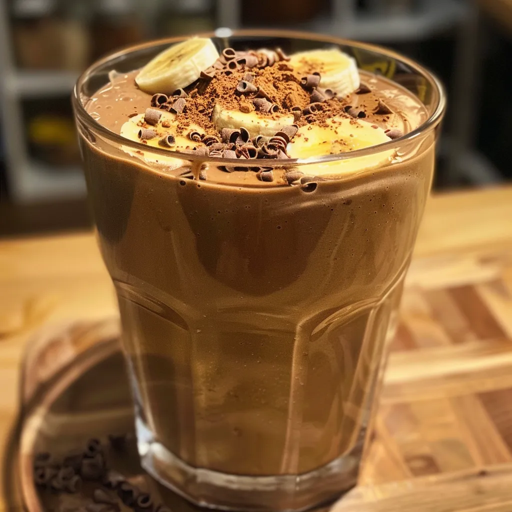 A delicious banana cocoa shake garnished with cocoa powder, captured in detail.