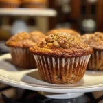 A close-up view of freshly baked banana muffins with a golden brown top.