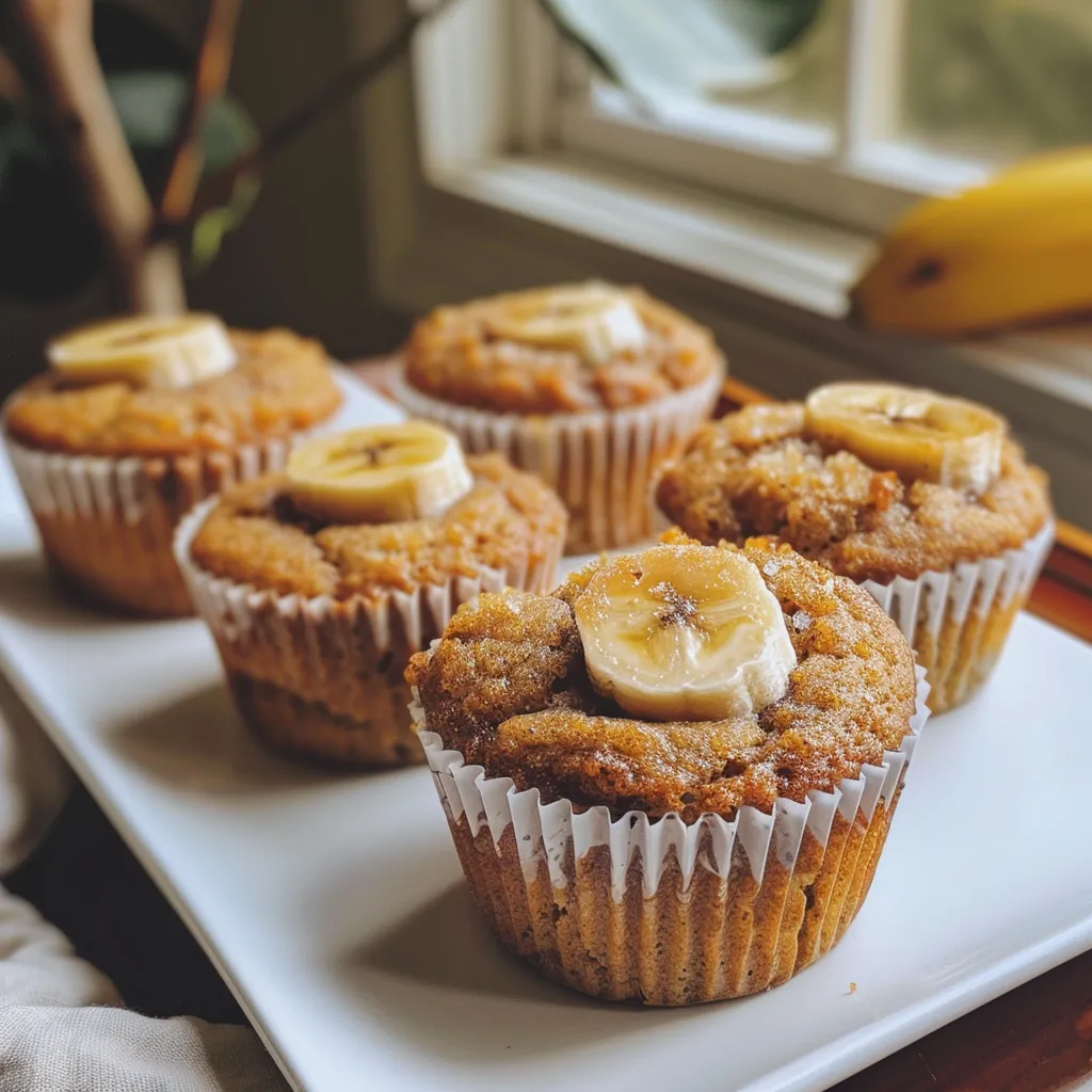 Side view of fluffy banana muffins showcasing their moist texture and speckled surface.