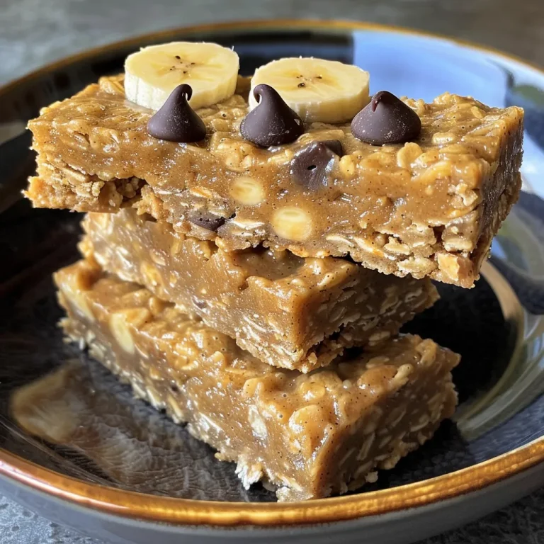 Close-up side view of banana peanut butter oatmeal bars with a golden brown crust.