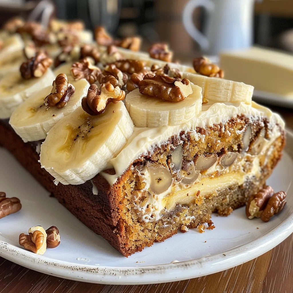 Side view of a moist Banana Walnut Cream Cake with cream cheese frosting.