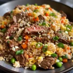Close-up view of beef fried rice with green onions and mixed vegetables.