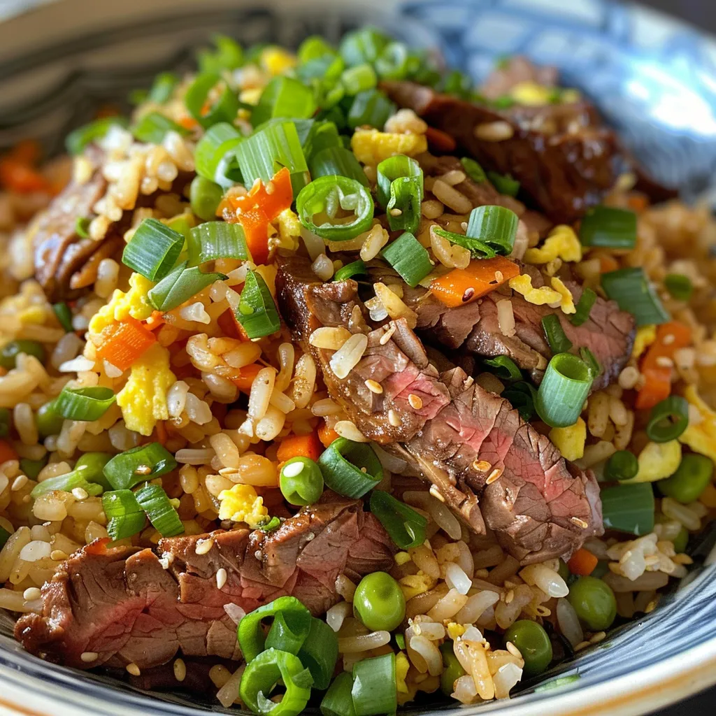 Juicy beef fried rice dish garnished with chopped green onions and colorful peas and carrots.