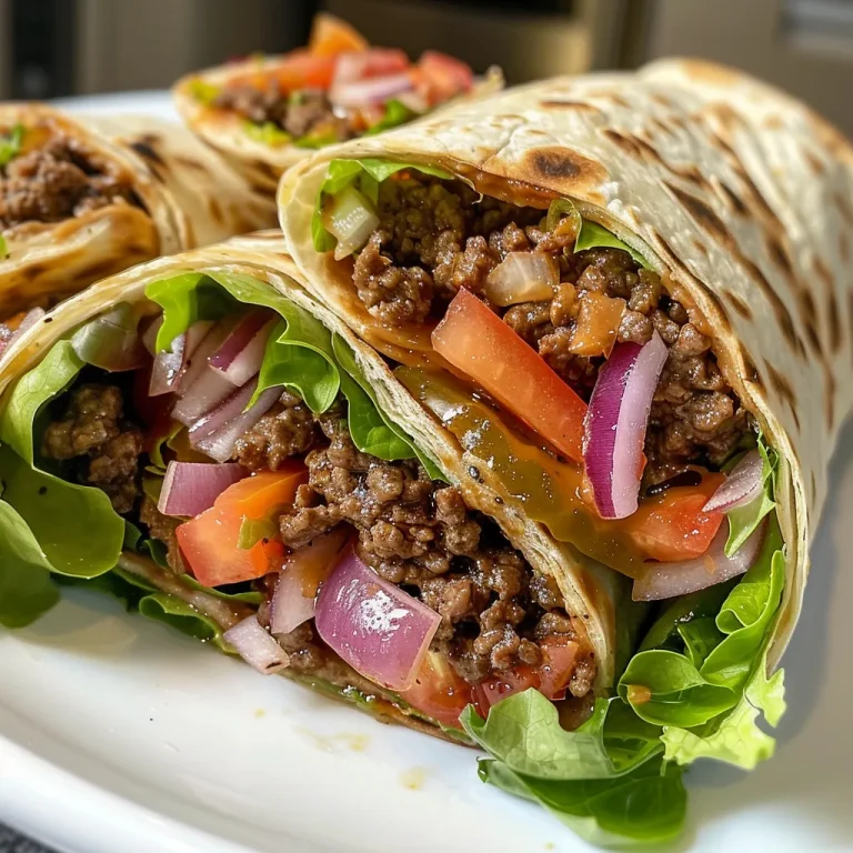 Close-up view of a beef hamburger wrap filled with fresh ingredients.