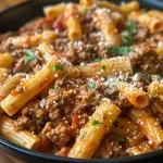 Close-up view of beef pasta in a rich tomato sauce, highlighting the pasta and meat texture.
