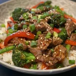 Juicy beef stir fry with colorful vegetables arranged on a plate.