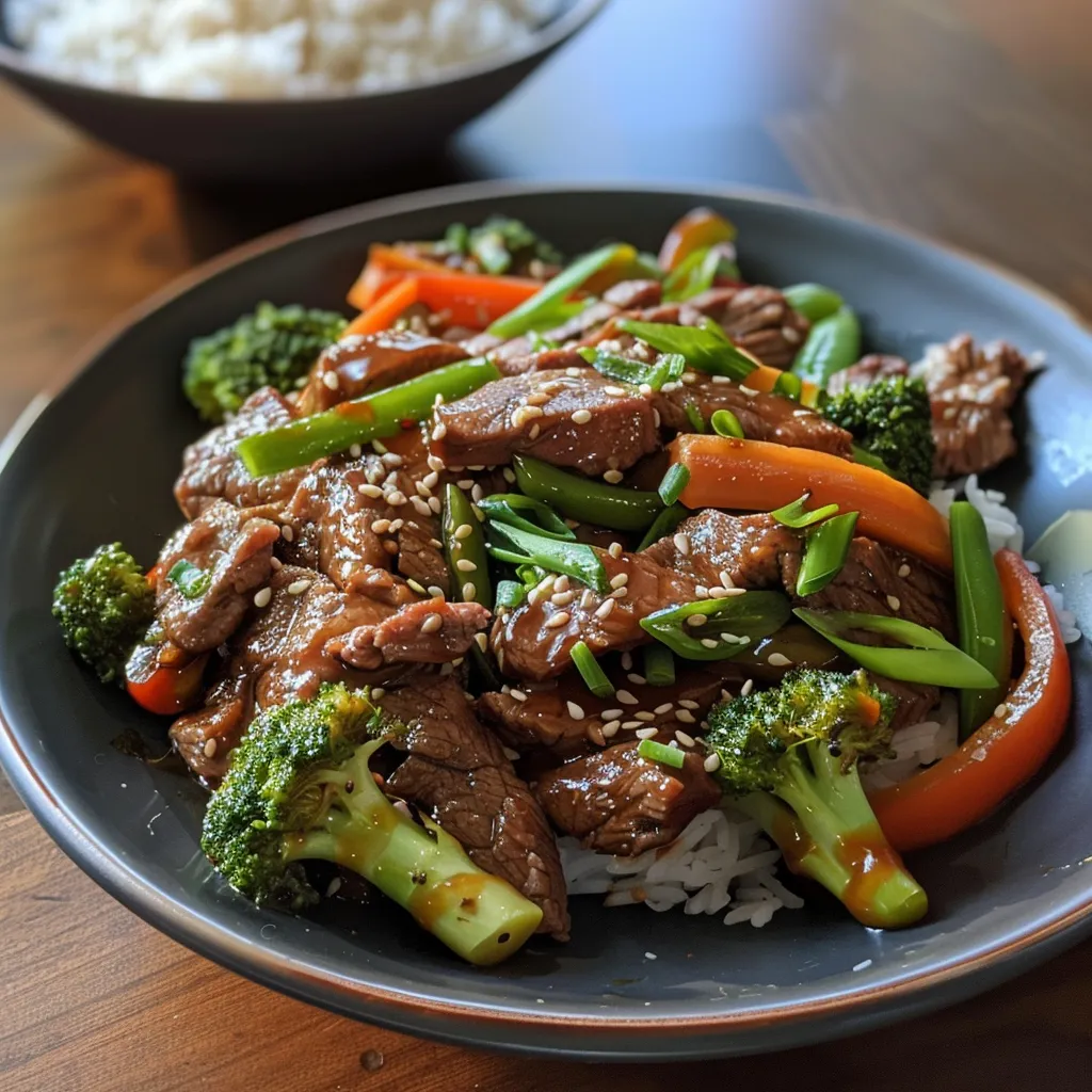 Close-up side view of a serving of beef stir fry featuring vibrant bell peppers and broccoli.