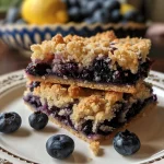 A close-up view of freshly baked blueberry crumble bars with a golden crust.