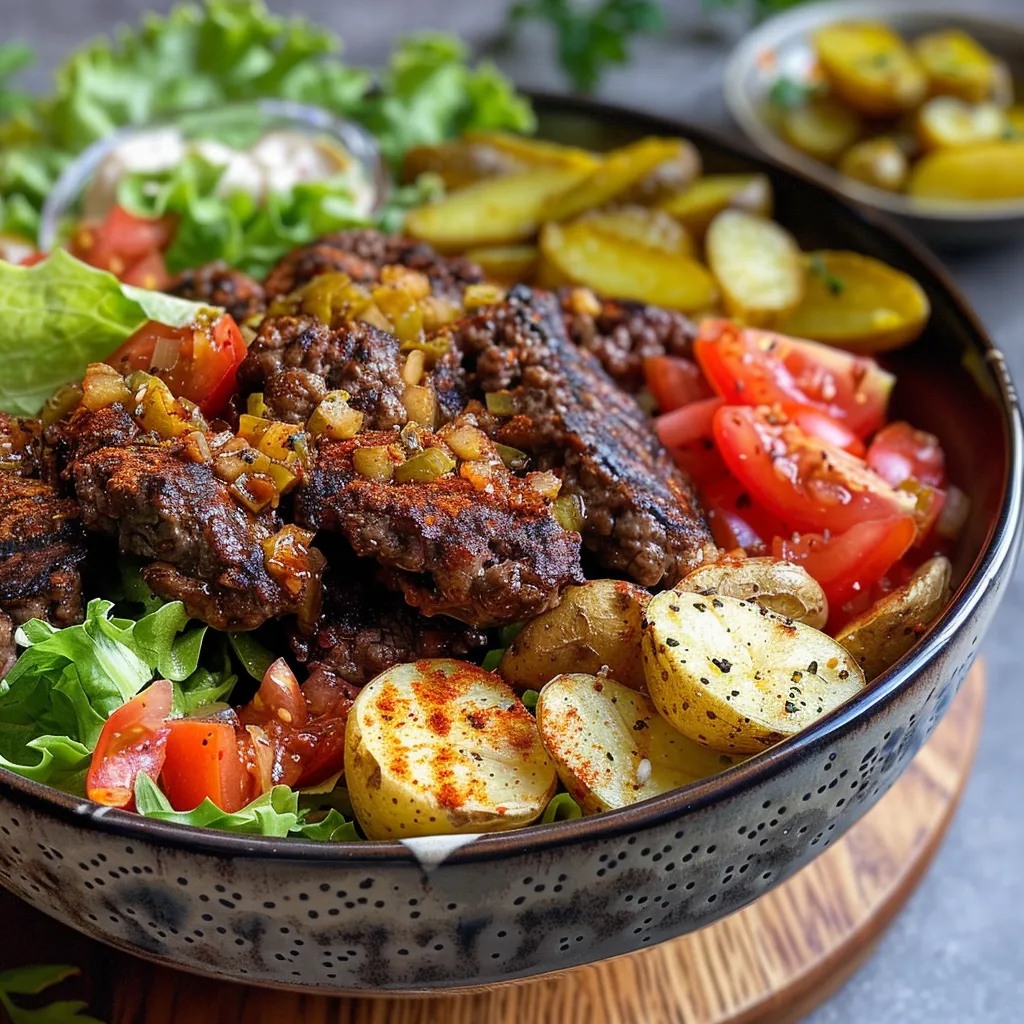 A colorful Bold Burger Bowl showcasing layers of ingredients including minced beef, spices, and vegetables.