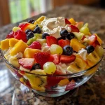 Close-up view of a colorful cheesecake fruit salad topped with whipped cream.