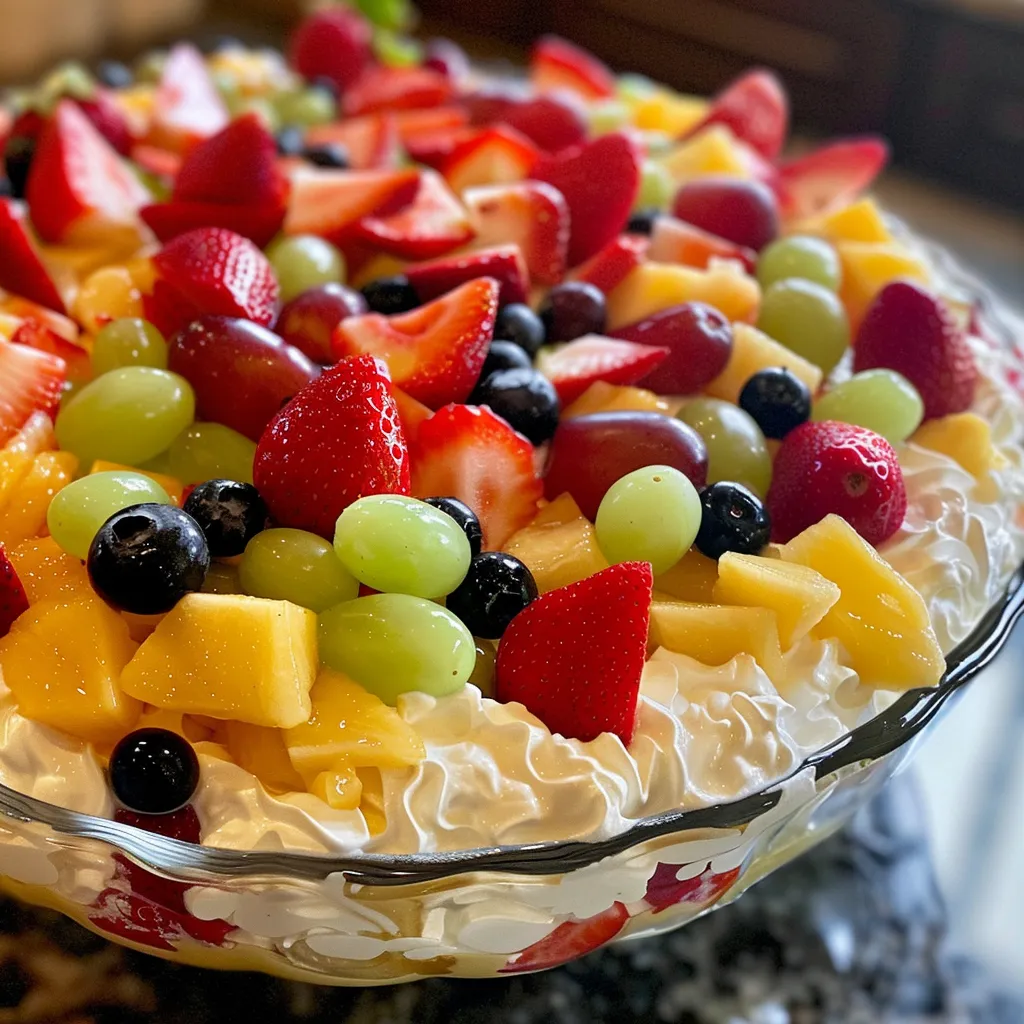 Side view of a vibrant cheesecake fruit salad featuring strawberries and blueberries.