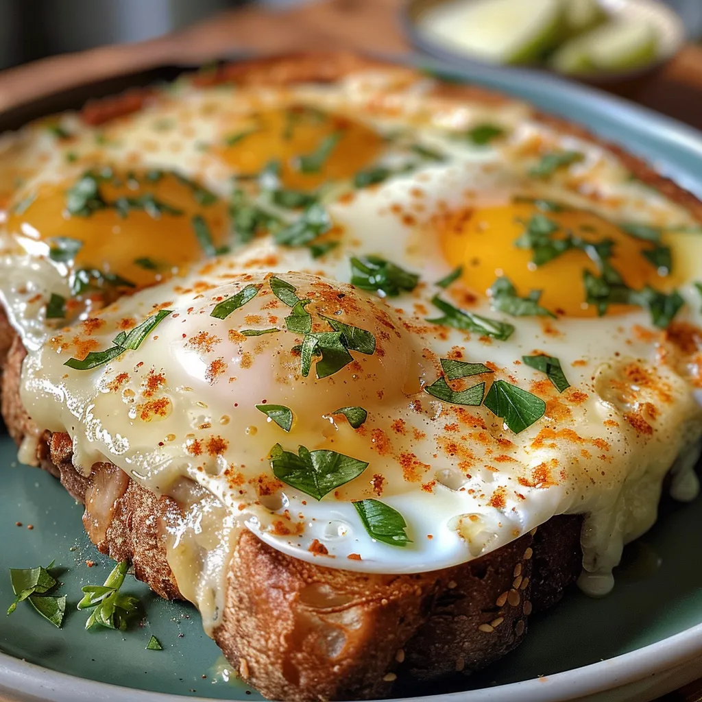 Side view of a delicious Cheesy Egg Toast topped with herbs and a hint of cayenne pepper.