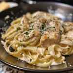 Close-up view of creamy Chicken Alfredo pasta with chicken pieces and parsley.