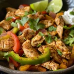 Close-up view of juicy chicken fajitas with colorful bell peppers and onions.