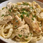 Close-up view of Chicken Fettuccine Alfredo with juicy chicken and creamy sauce.