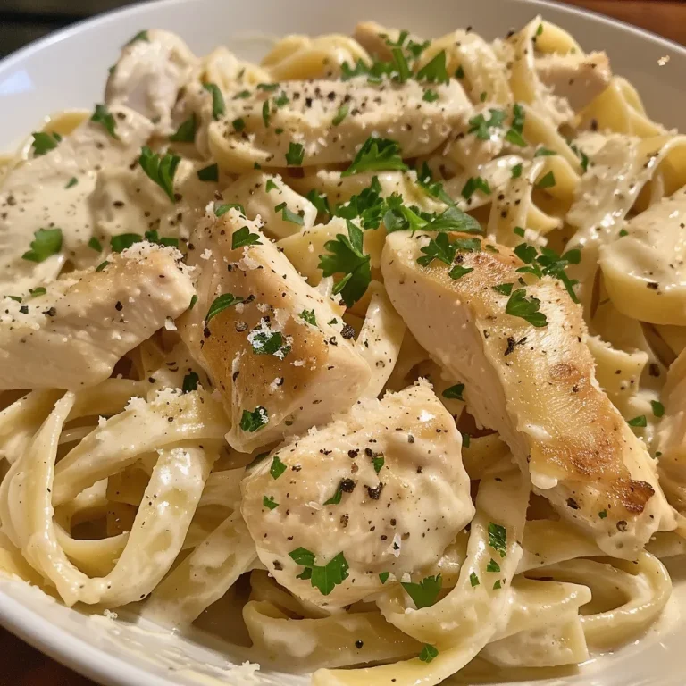 Close-up view of Chicken Fettuccine Alfredo with juicy chicken and creamy sauce.