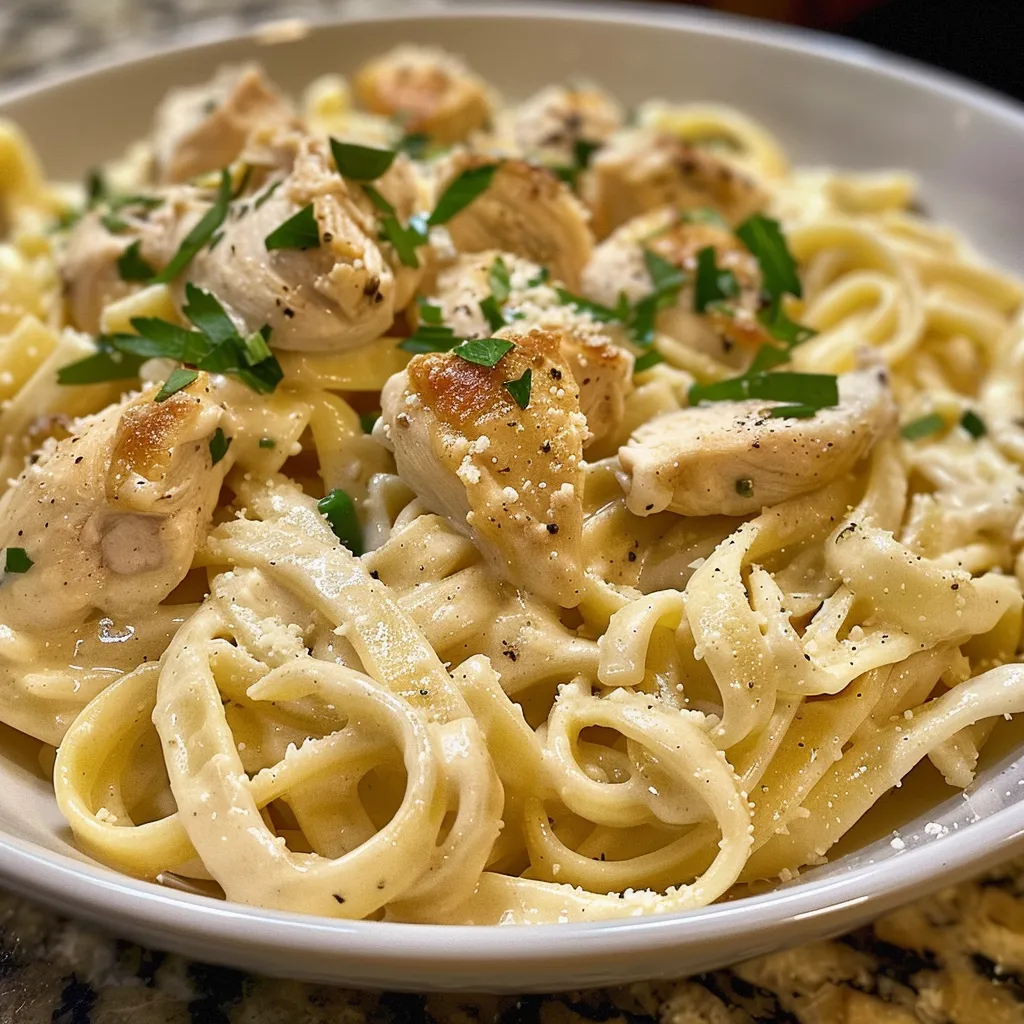 Side view of a bowl filled with Chicken Fettuccine Alfredo topped with parsley.