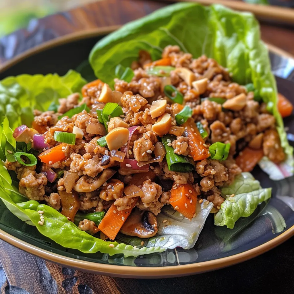 Side view of chicken lettuce wraps, showcasing ground chicken and fresh ingredients.