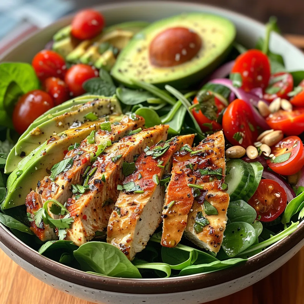 Side view of a chicken salad bowl showcasing fresh mixed greens and grilled chicken slices.