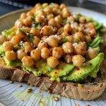 Close-up of Chickpea Avocado Toast topped with red pepper flakes.