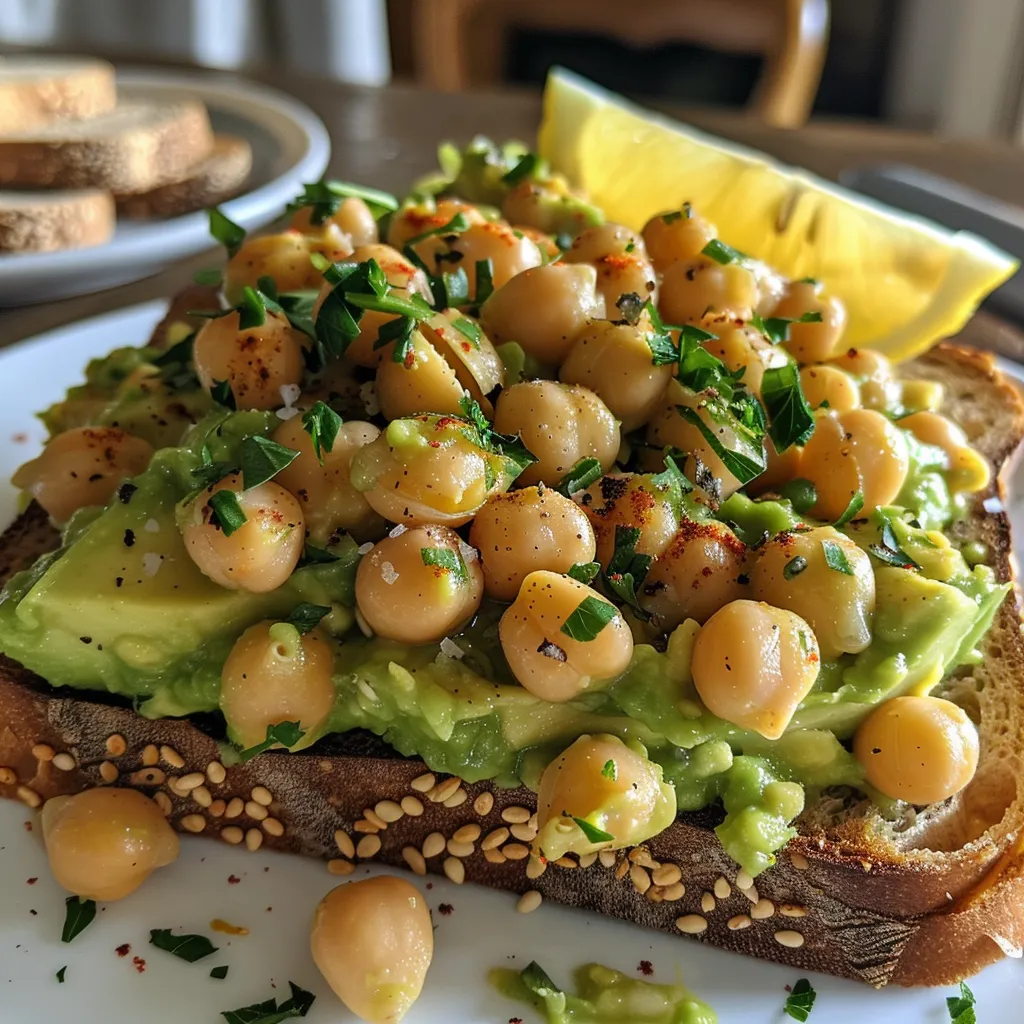 Side view of a slice of whole-grain bread with smashed avocado and chickpeas.