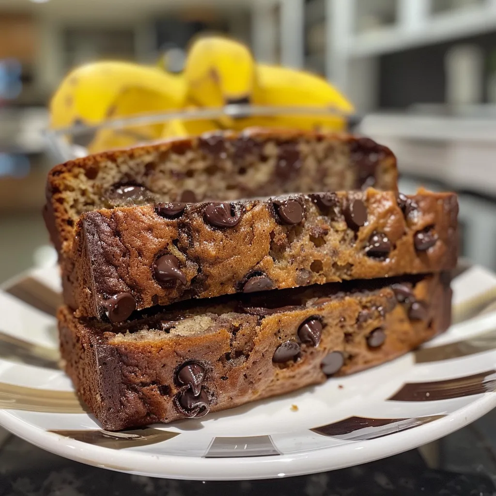 Side view of a slice of banana bread featuring melted chocolate chips and a golden-brown crust.