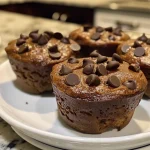 Close-up side view of a chocolate chip protein muffin, showcasing its moist texture and chocolate chips.