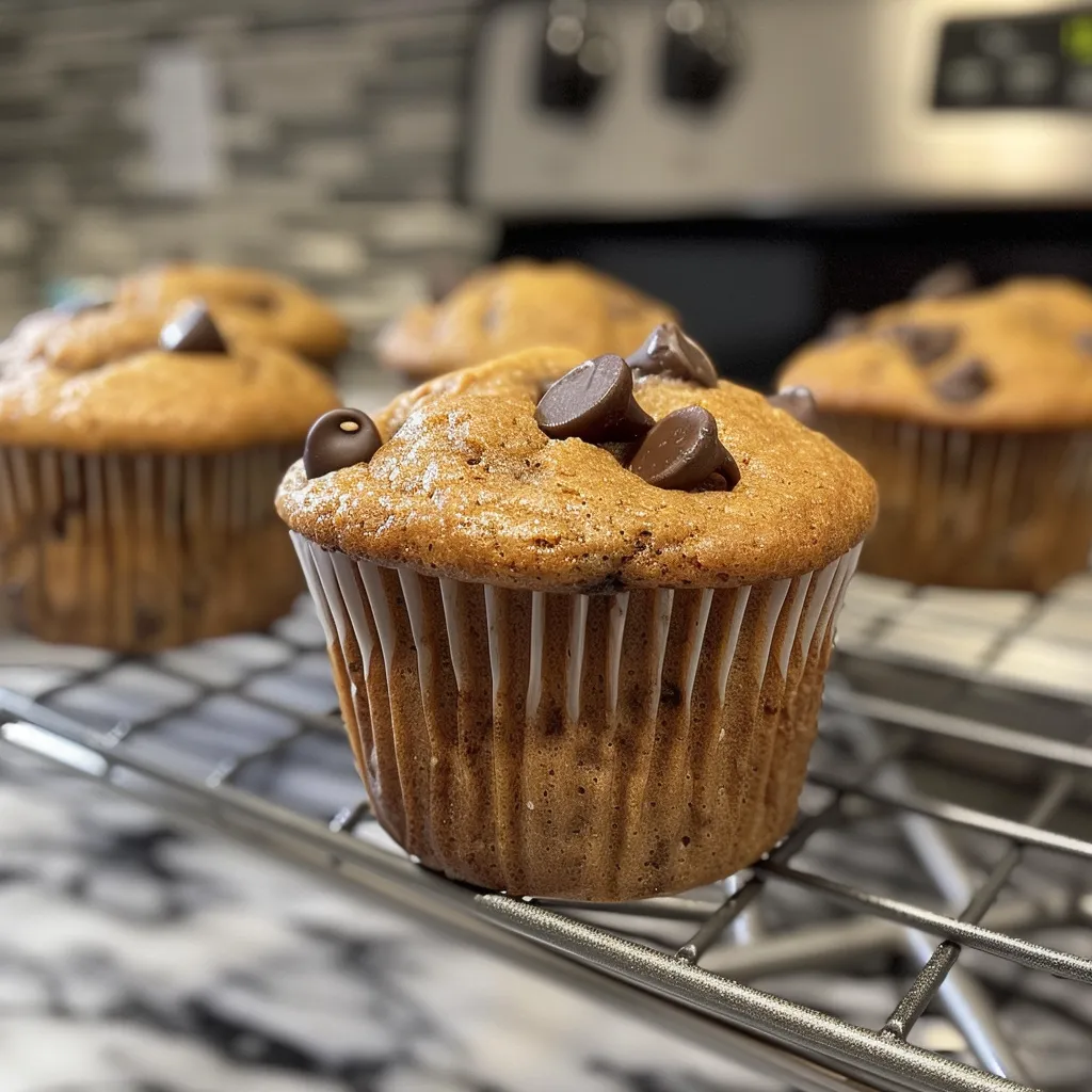 A delicious chocolate chip protein muffin with a golden brown exterior, highlighting mini chocolate chips throughout.