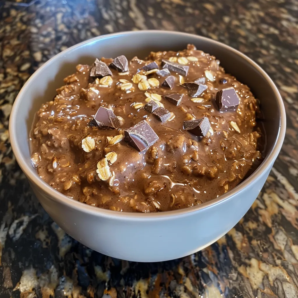 Side view of a deliciously thick chocolate oatmeal in a bowl, highlighting its rich color and inviting appearance.