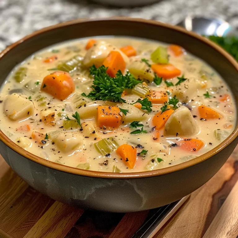 A creamy bowl of vegetable soup featuring visible chunks of carrots, celery, and potatoes.