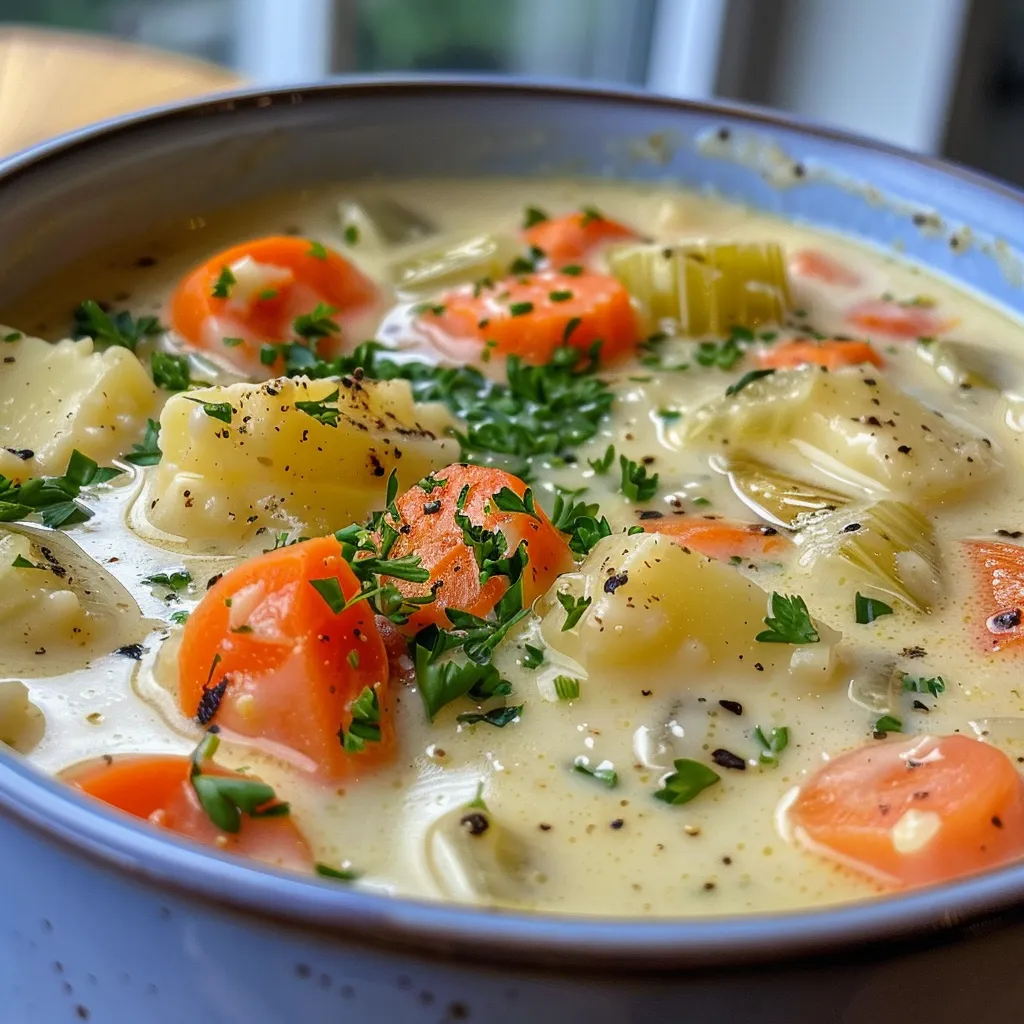 A rich, creamy vegetable soup with visible chunks of vegetables in a rustic bowl.