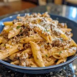 Close-up view of creamy beef pasta with a rich, saucy texture.