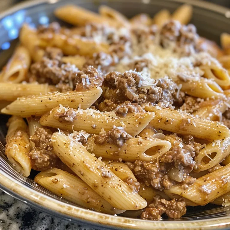 Close-up of creamy beef pasta with penne, garnished with Parmesan.