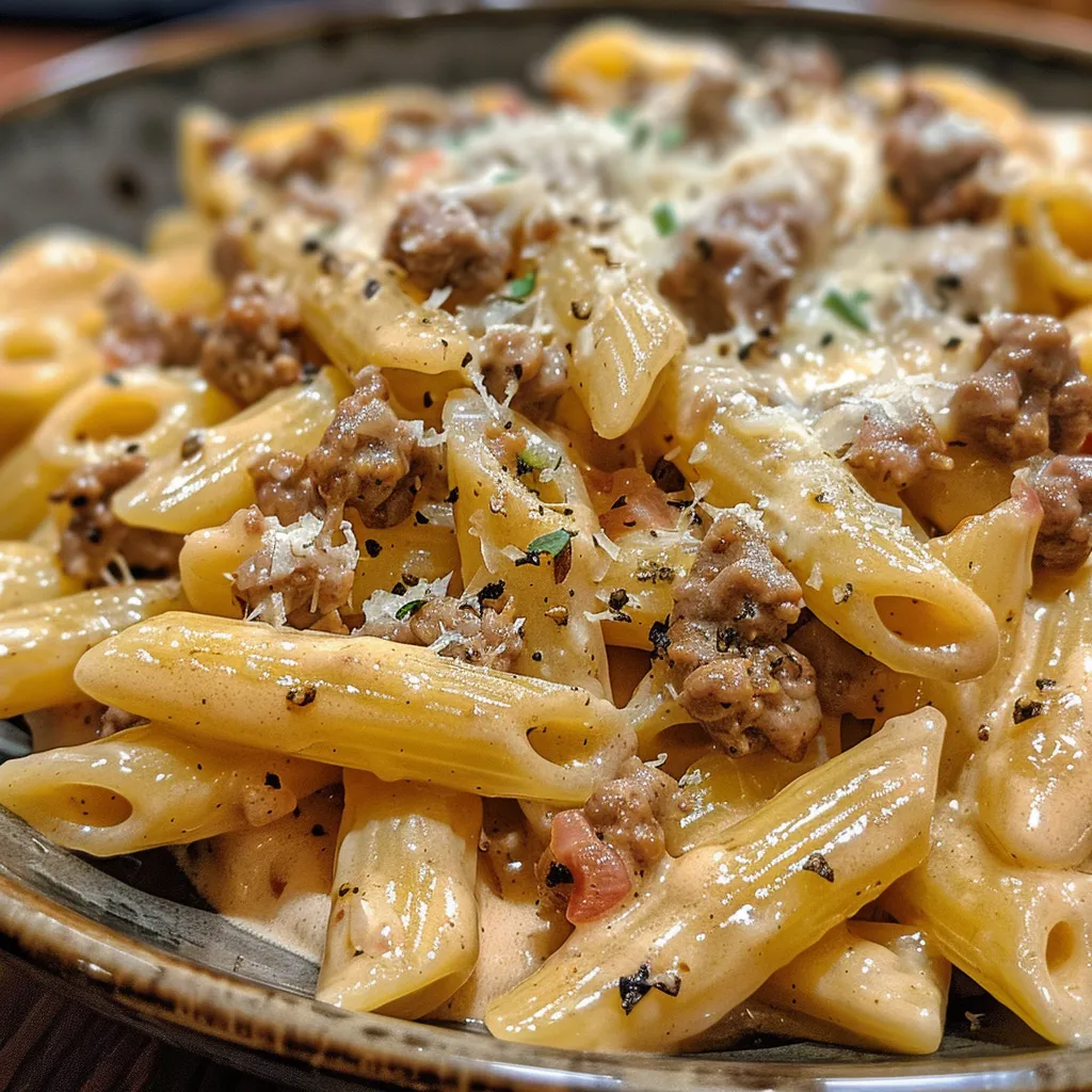 Side view of a bowl filled with creamy beef pasta, showcasing tender penne and ground beef.