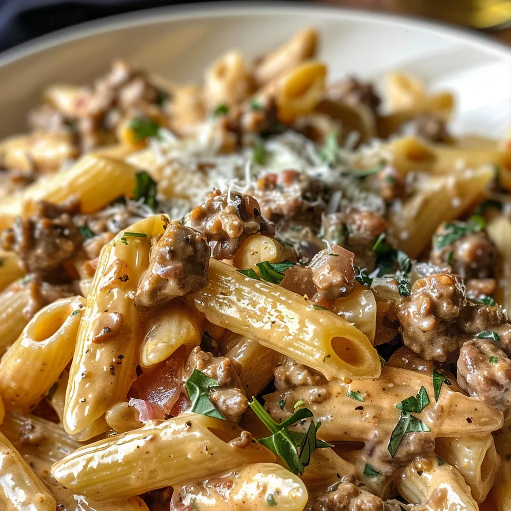 Side view of a plate filled with creamy beef pasta and herbs.